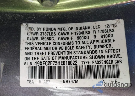 2017 Honda Civic Ex из США, поврежденный, VIN 19XFC2F75HE016022